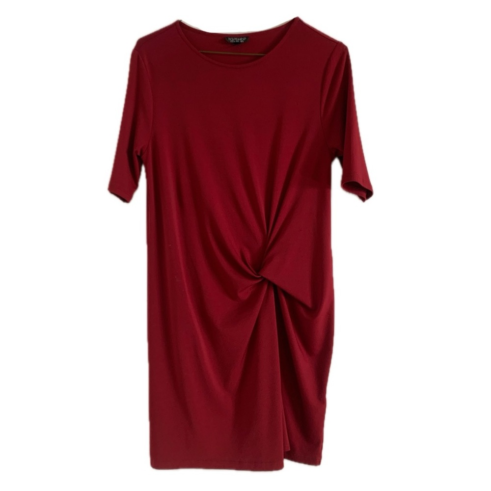 Topshop Twist Jersey Red Maroon Burgundy Mini Dress Quarter Sleeve Size XS US 2